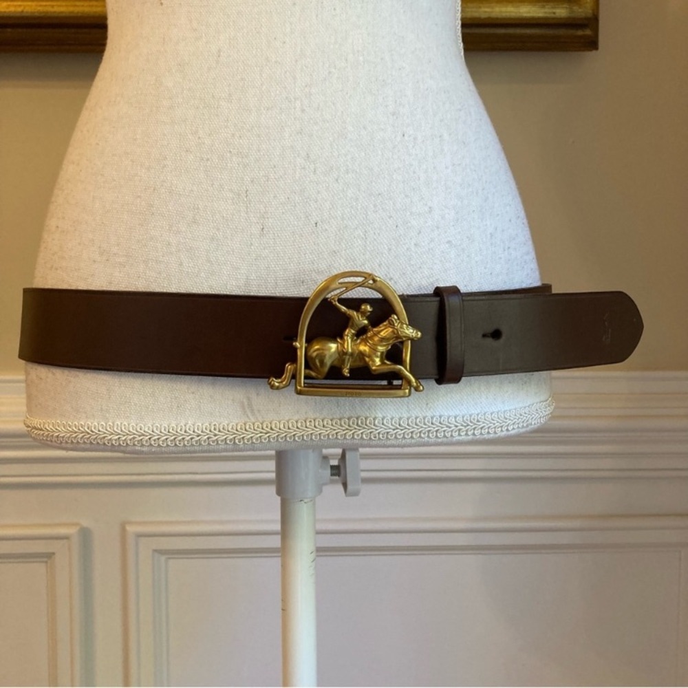 POLO RALPH LAUREN Equestrian Brown Leather Brass Buckle Belt NWT - Picture 2 of 11